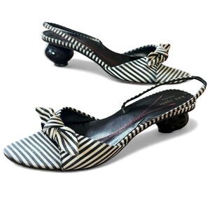 Vintage Kate Spade Black and White Striped Round Circle Mule Slingback Heels 8.5
